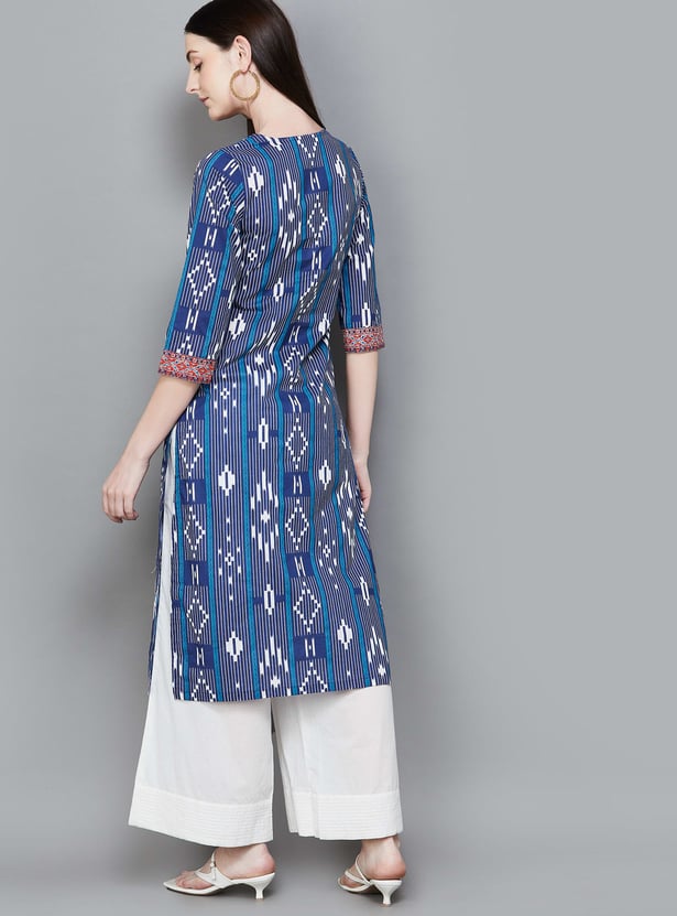 BIBA Ethnic Motif Notched Neck 3/4th Sleeves Straight Kurta