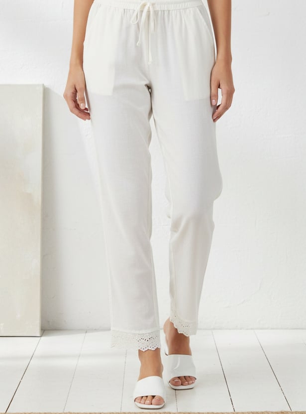 W Solid Straight Pants with Drawstring Closure
