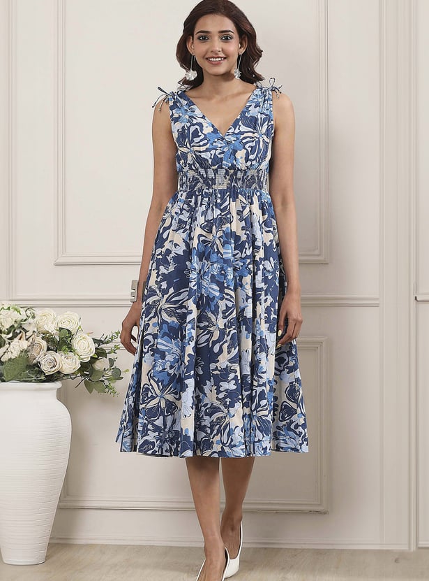 BIBA Floral Print V-Neck Midi Dress