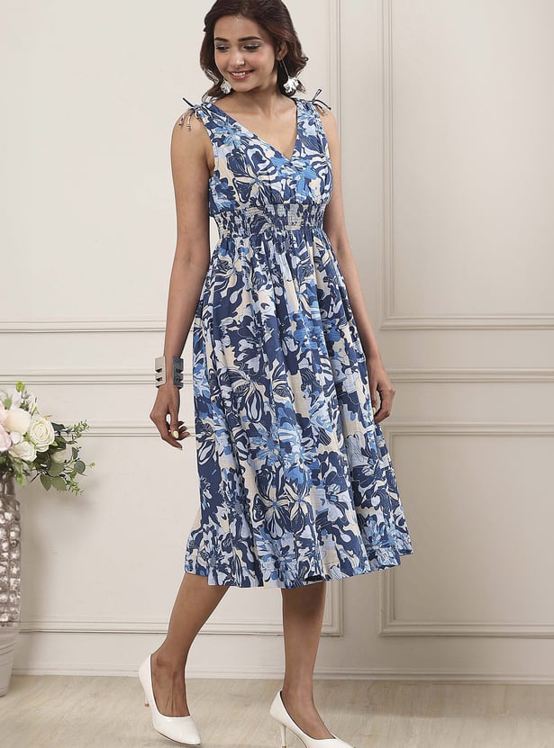 BIBA Floral Print V-Neck Midi Dress