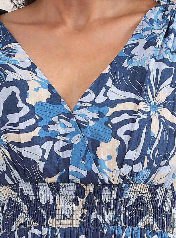 BIBA Floral Print V-Neck Midi Dress