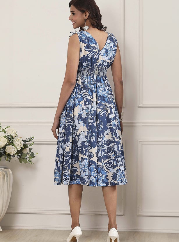 BIBA Floral Print V-Neck Midi Dress