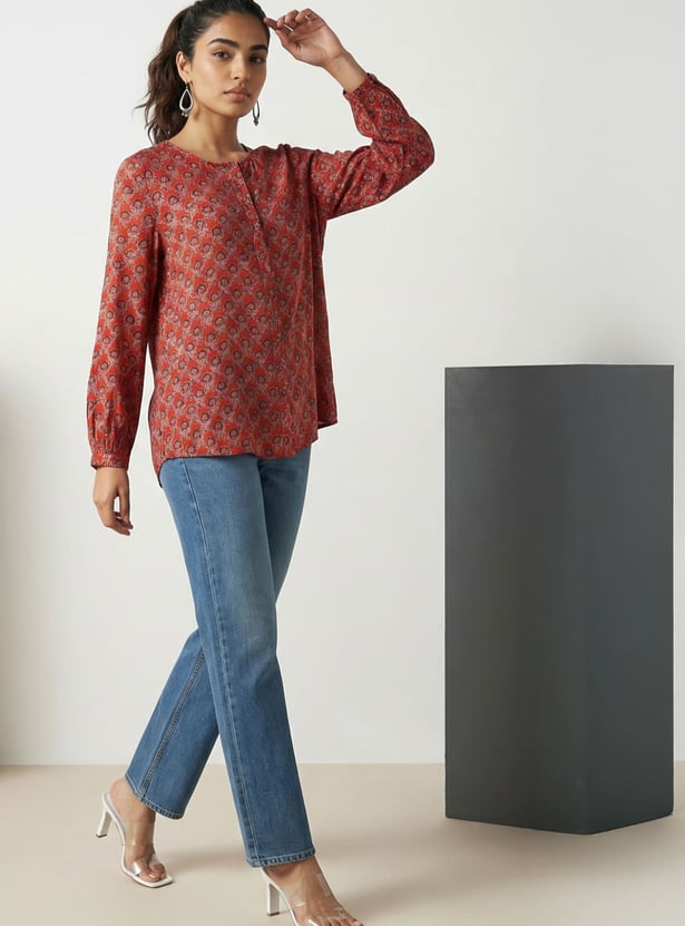 W Floral Print Round Neck Full Sleeve Top