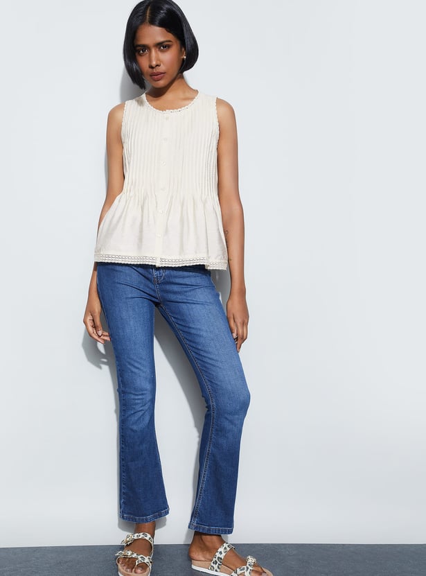 FAME FOREVER Solid Sleeveless Button Top