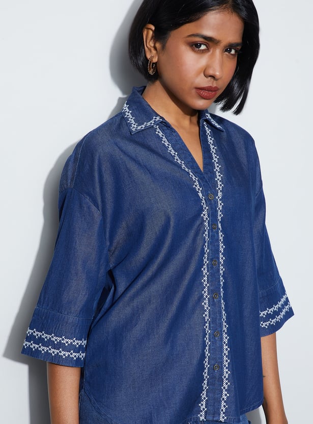 FAME FOREVER Embroidered Denim Shirt