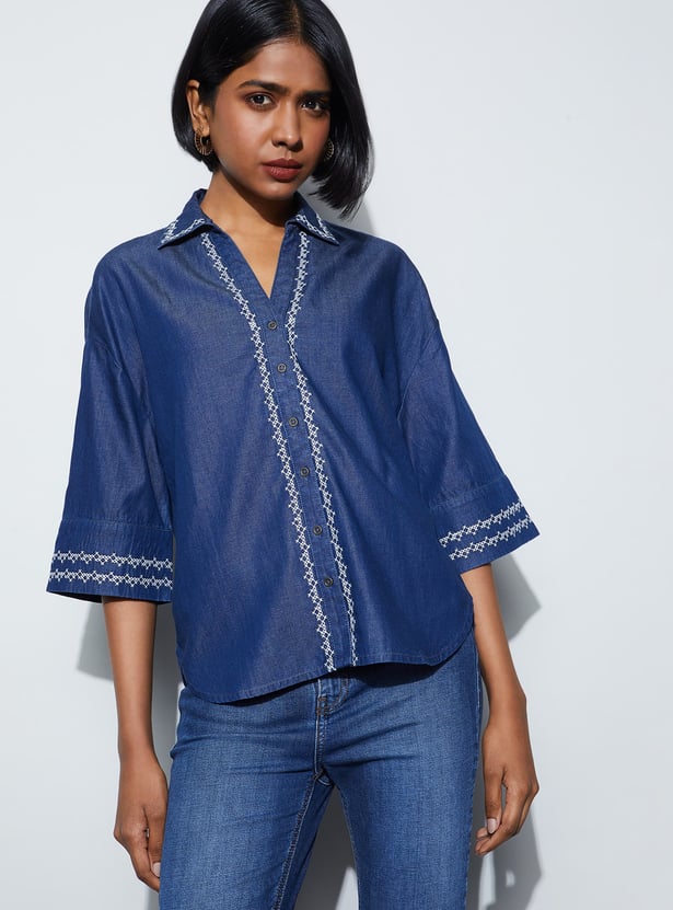 FAME FOREVER Embroidered Denim Shirt