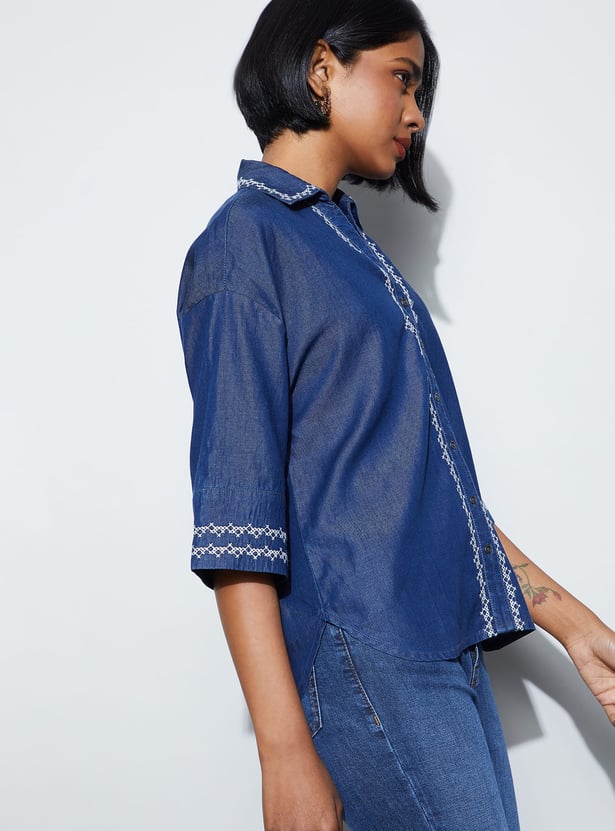 FAME FOREVER Embroidered Denim Shirt