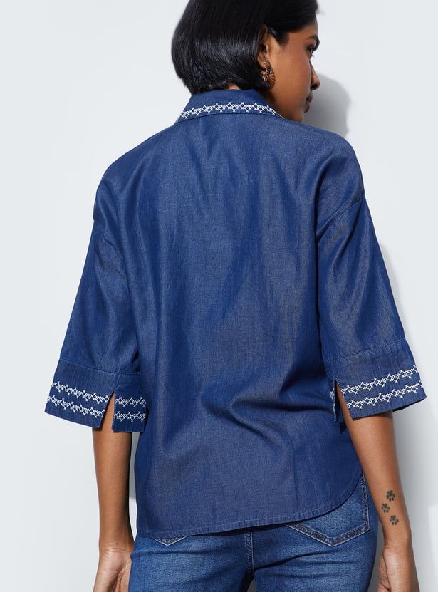 FAME FOREVER Embroidered Denim Shirt