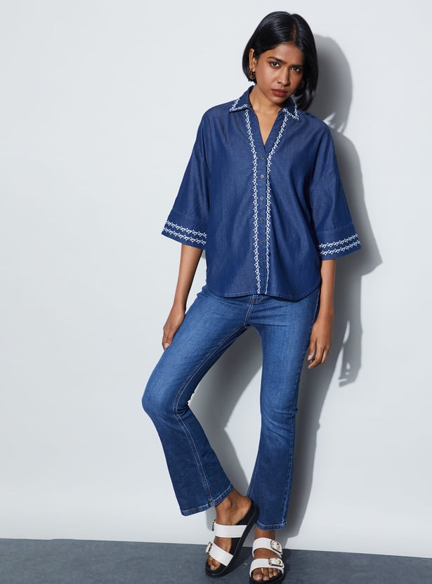 FAME FOREVER Embroidered Denim Shirt