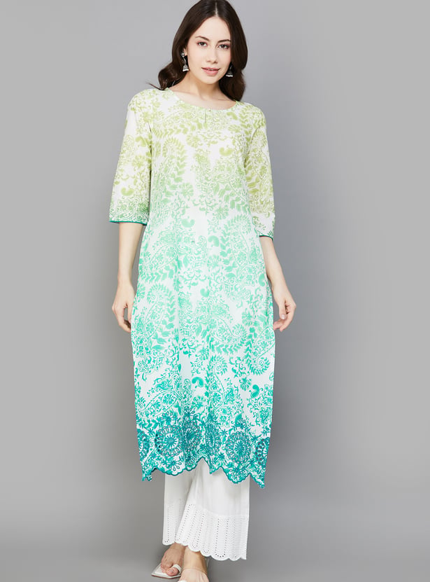 AURELIA Ethnic Motif 3/4th Sleeves Straight Kurta