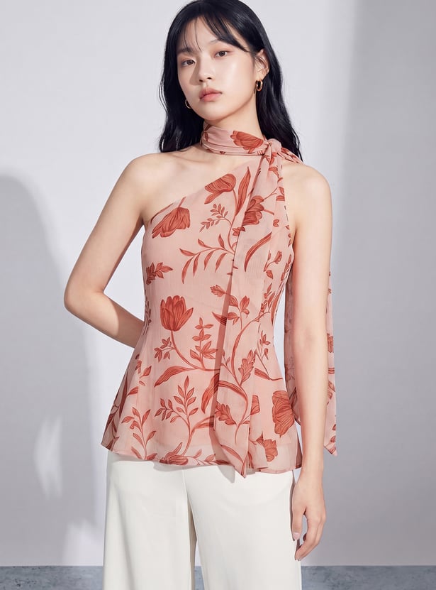 CODE Floral Print One-Shoulder Top