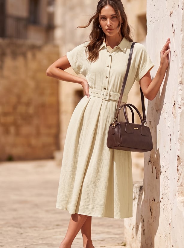 CODE Solid Belted Midi Dress