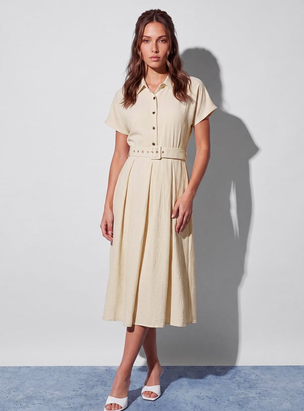 CODE Solid Belted Midi Dress