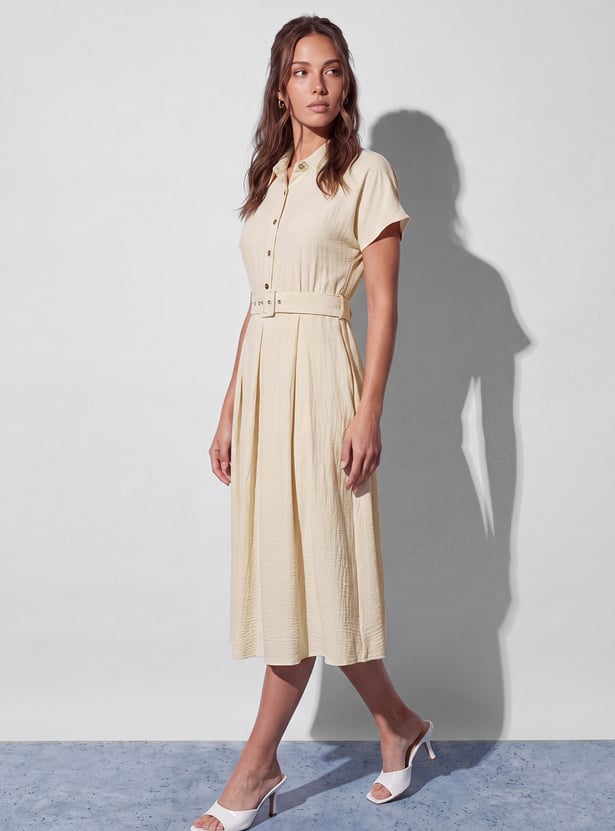 CODE Solid Belted Midi Dress