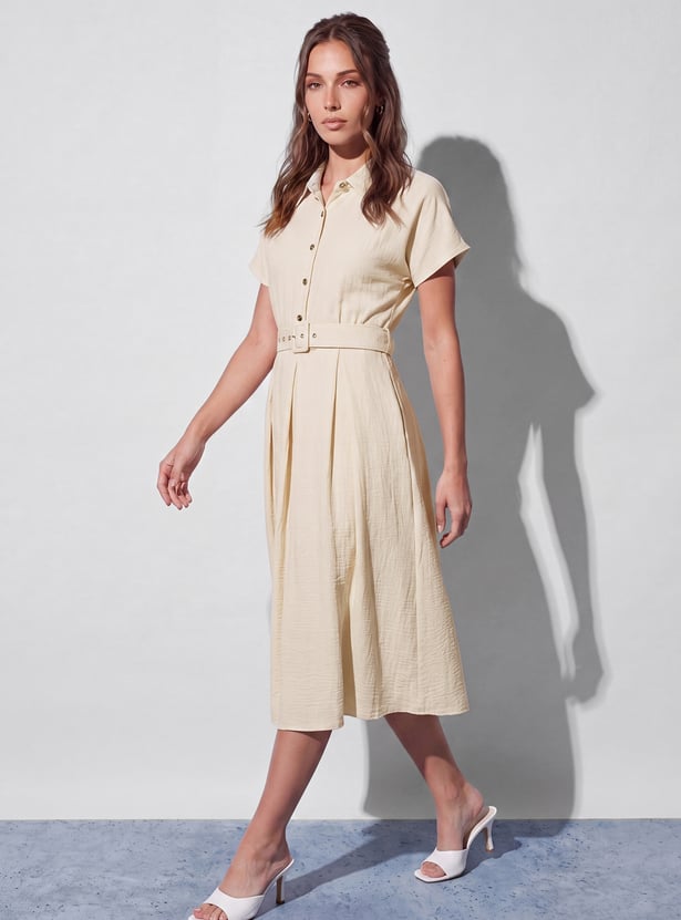CODE Solid Belted Midi Dress