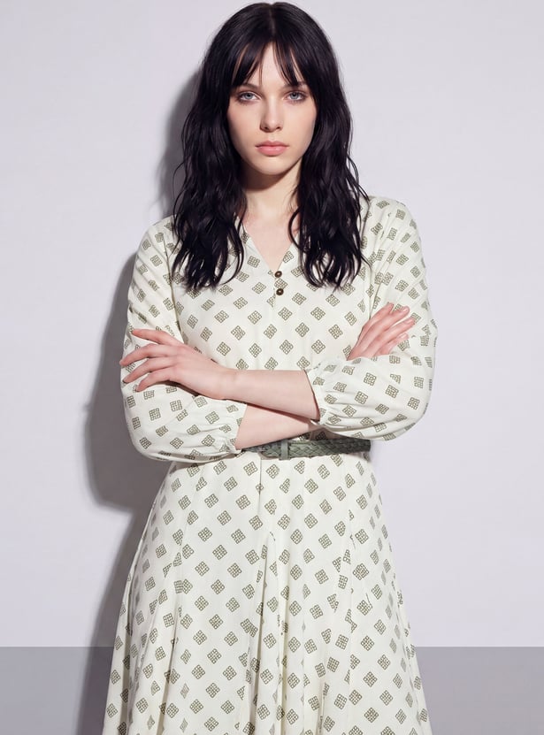 FAME FOREVER Printed Belted Midi Dress