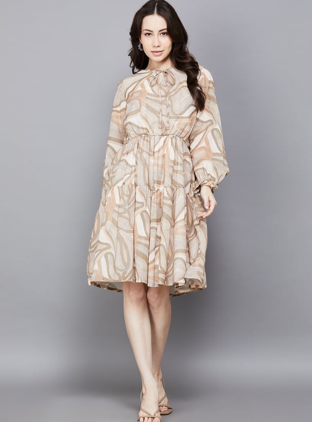 AND Printed Tie-Up Neck A-Line Dress