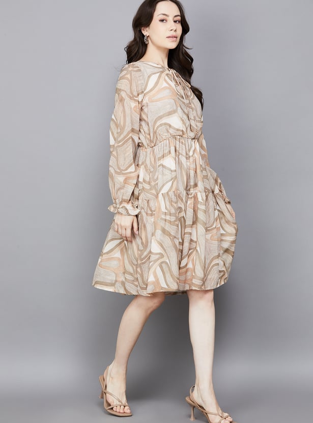 AND Printed Tie-Up Neck A-Line Dress