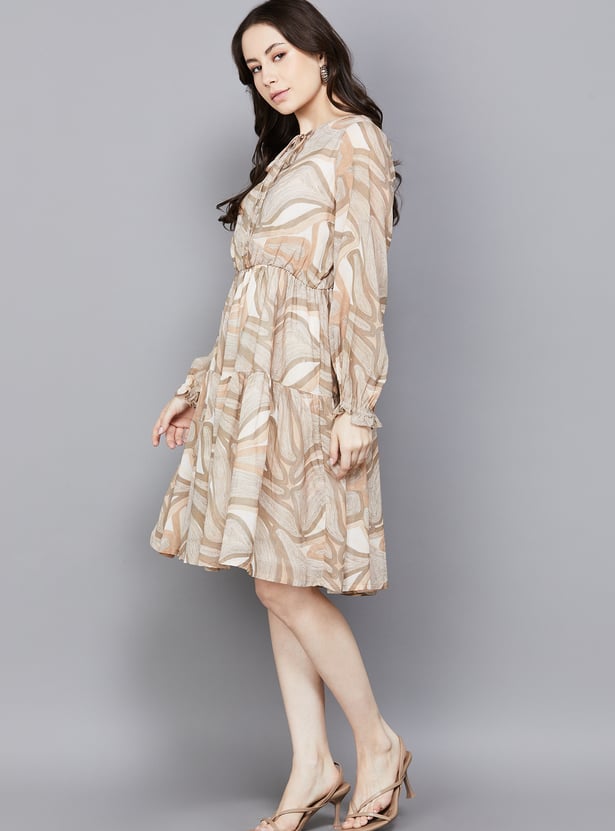 AND Printed Tie-Up Neck A-Line Dress