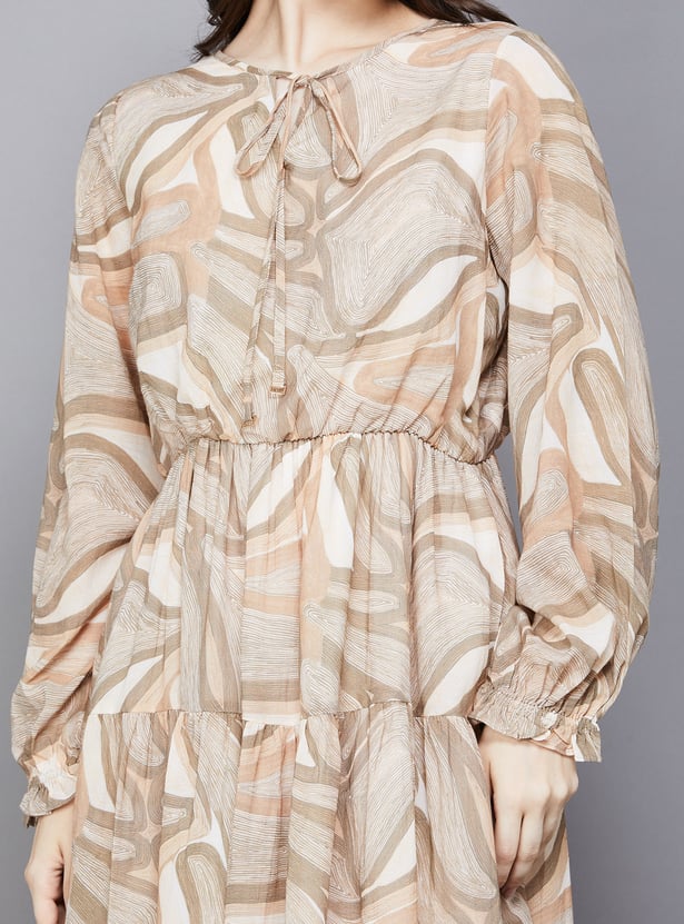 AND Printed Tie-Up Neck A-Line Dress