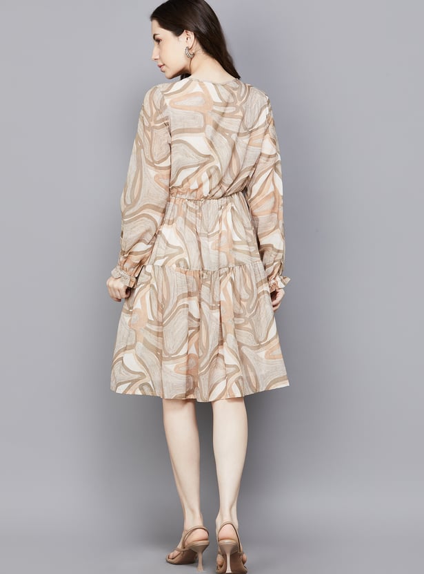 AND Printed Tie-Up Neck A-Line Dress