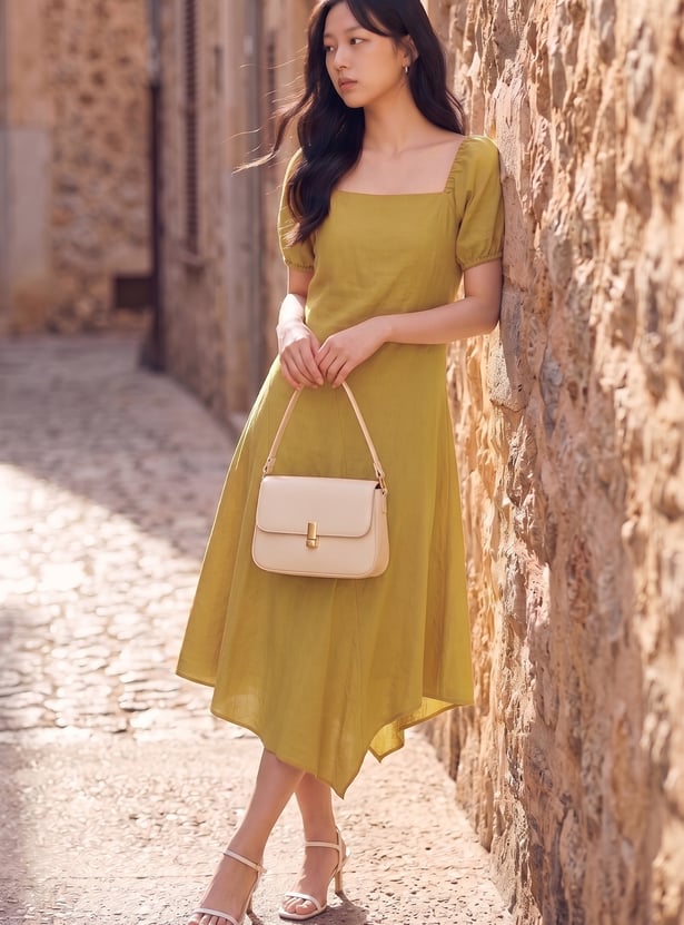 CODE Solid Square Neck Midi Dress