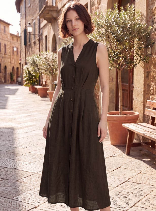CODE Solid Buttoned Midi Dress
