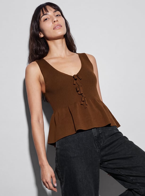 GINGER Ribbed V-Neck Peplum Top