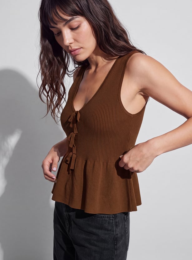 GINGER Ribbed V-Neck Peplum Top