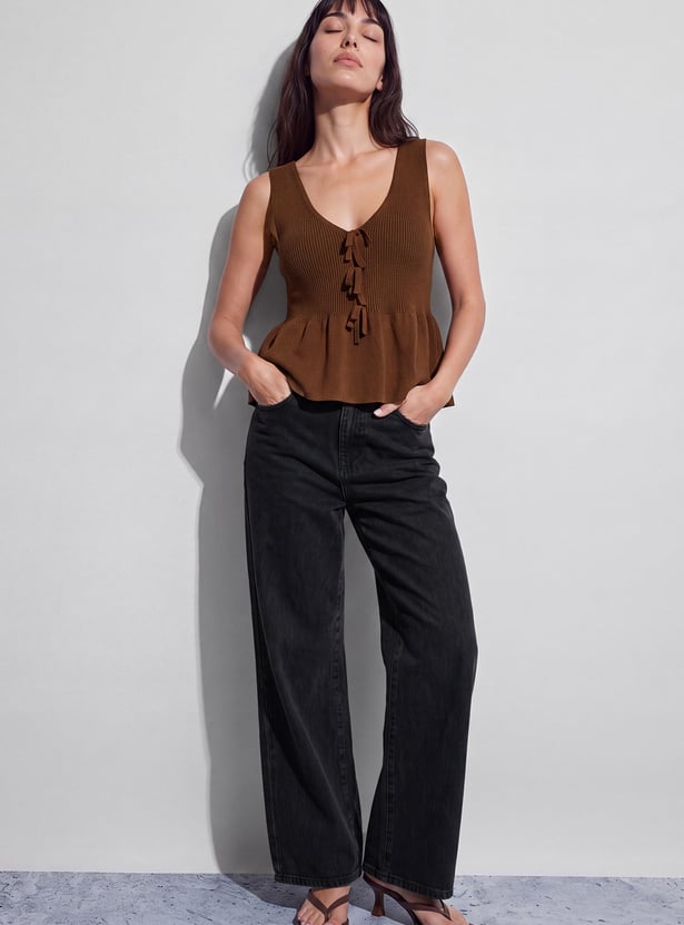 GINGER Ribbed V-Neck Peplum Top