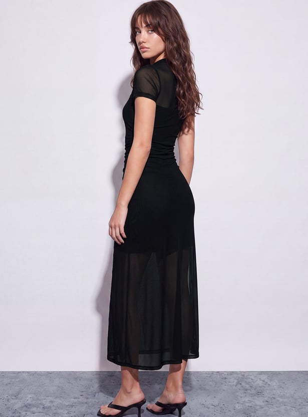 GINGER Ruched Mesh Panel Midi Dress