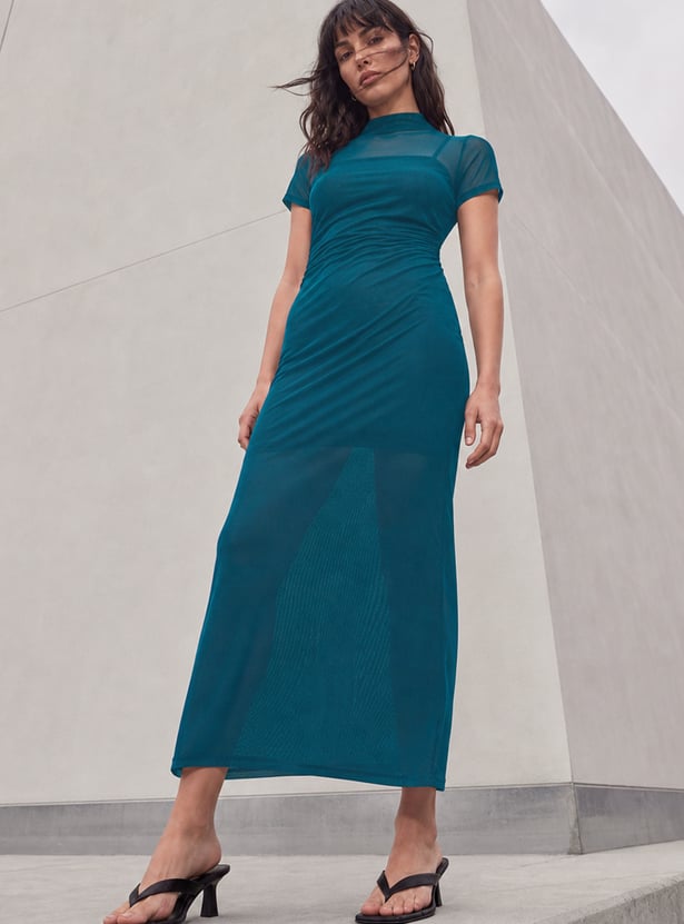 GINGER Ruched Mesh Panel Midi Dress