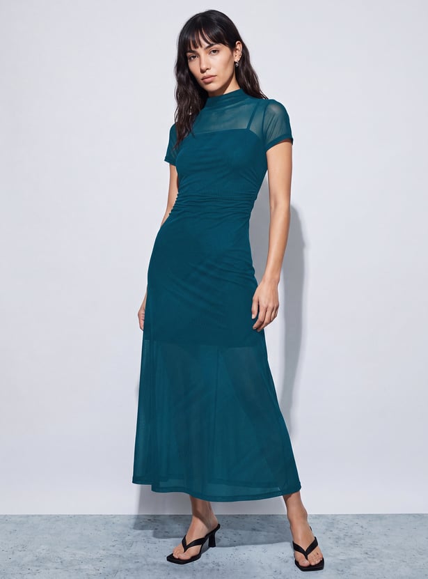 GINGER Ruched Mesh Panel Midi Dress