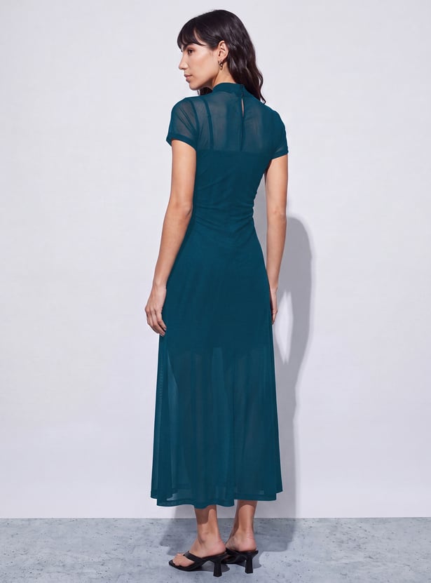 GINGER Ruched Mesh Panel Midi Dress