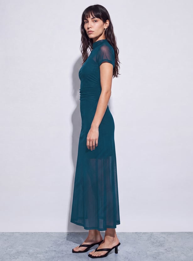 GINGER Ruched Mesh Panel Midi Dress