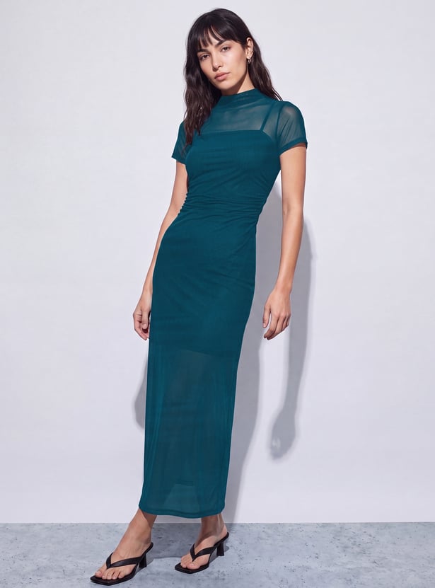 GINGER Ruched Mesh Panel Midi Dress