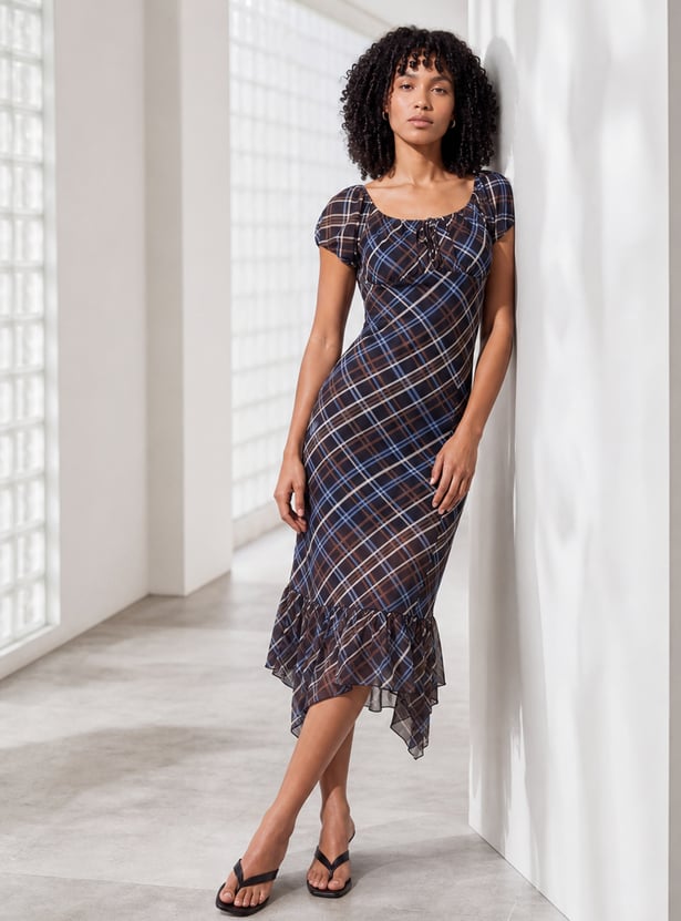 GINGER Checked Midi Dress with Ruffled Hem