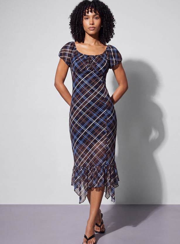GINGER Checked Midi Dress with Ruffled Hem