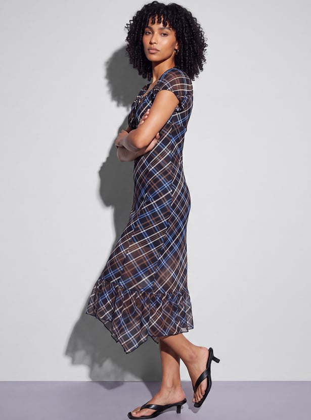 GINGER Checked Midi Dress with Ruffled Hem