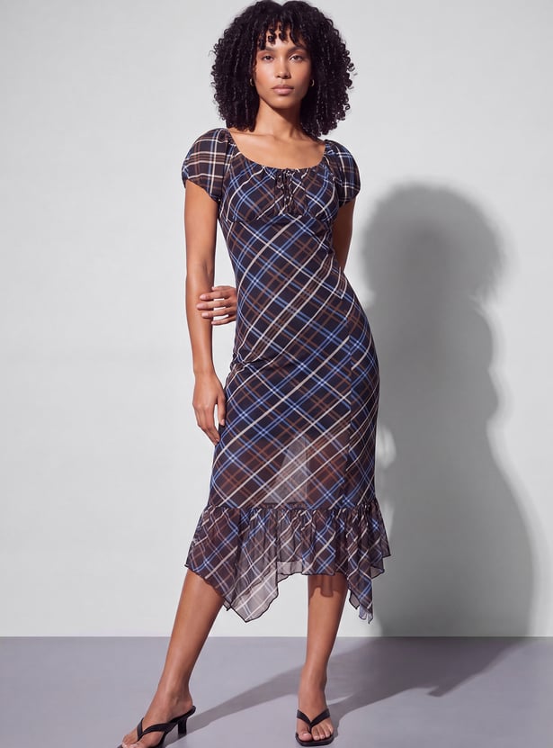 GINGER Checked Midi Dress with Ruffled Hem