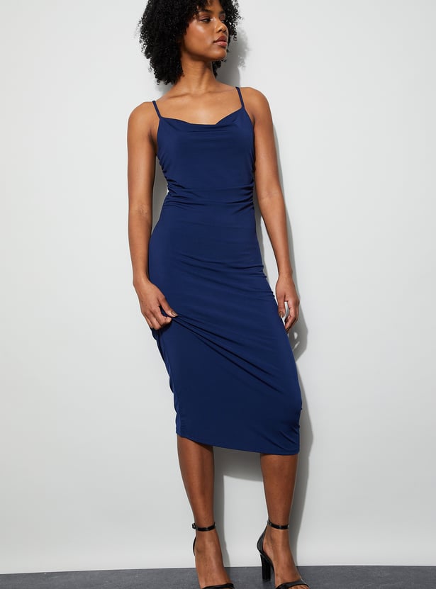 GINGER Solid Spaghetti Neck Midi Dress