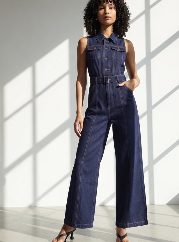 GINGER Solid Buttoned Belted Jumpsuit