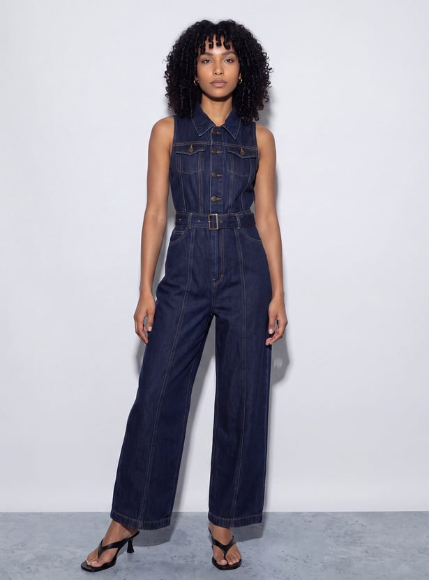 GINGER Solid Buttoned Belted Jumpsuit