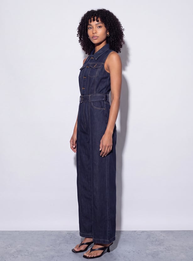 GINGER Solid Buttoned Belted Jumpsuit