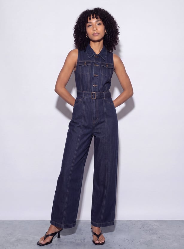 GINGER Solid Buttoned Belted Jumpsuit