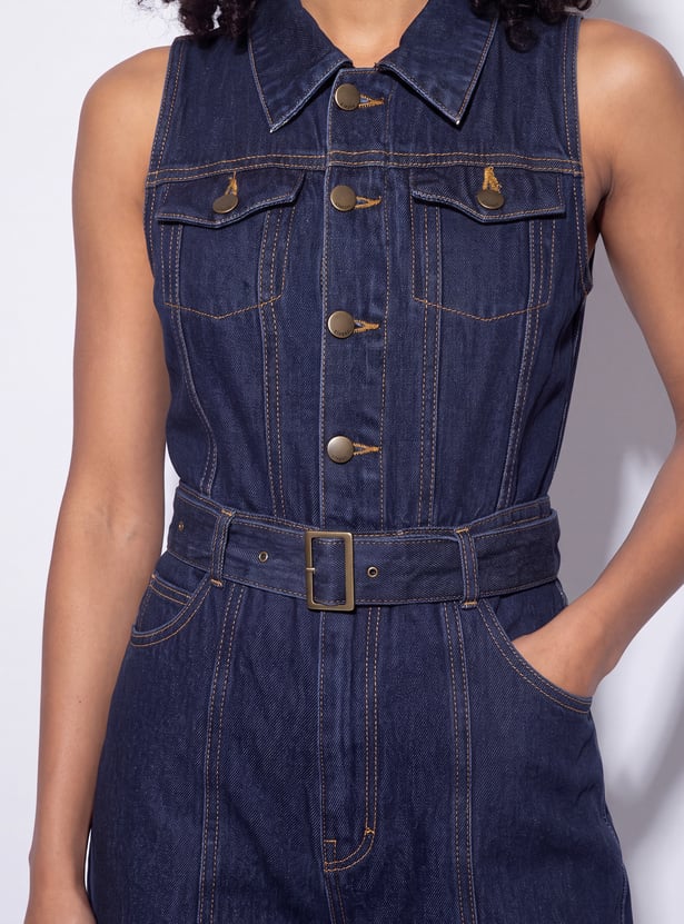 GINGER Solid Buttoned Belted Jumpsuit