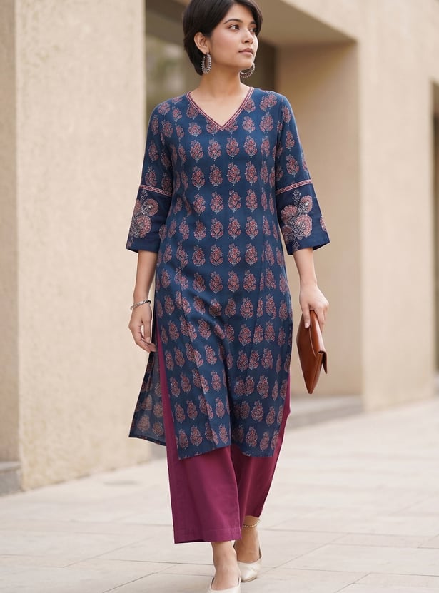 MELANGE Ethnic Motif V-Neck 3/4th Sleeves Straight Kurta