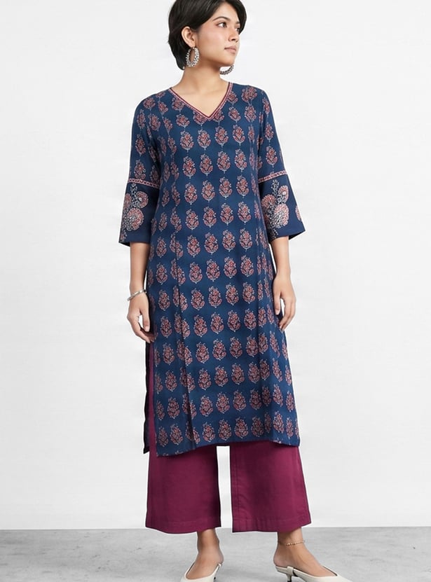 MELANGE Ethnic Motif V-Neck 3/4th Sleeves Straight Kurta