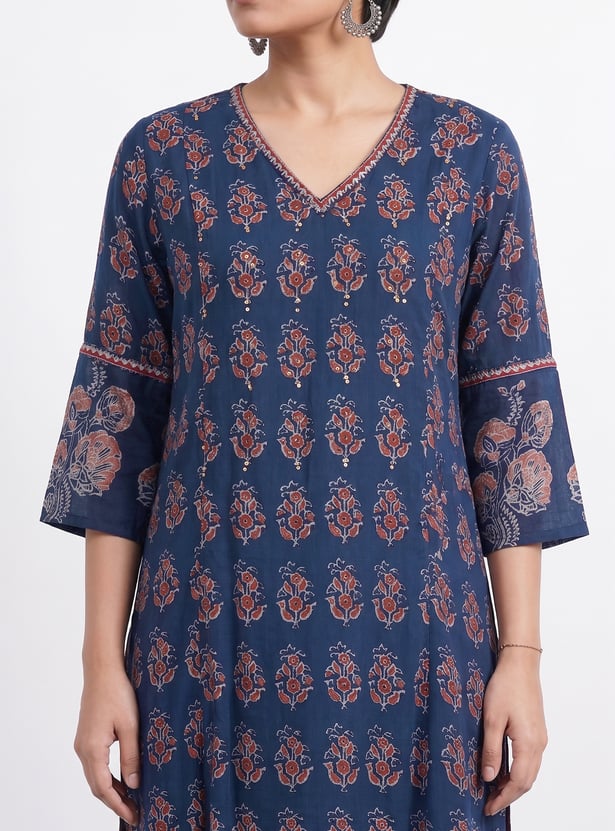MELANGE Ethnic Motif V-Neck 3/4th Sleeves Straight Kurta