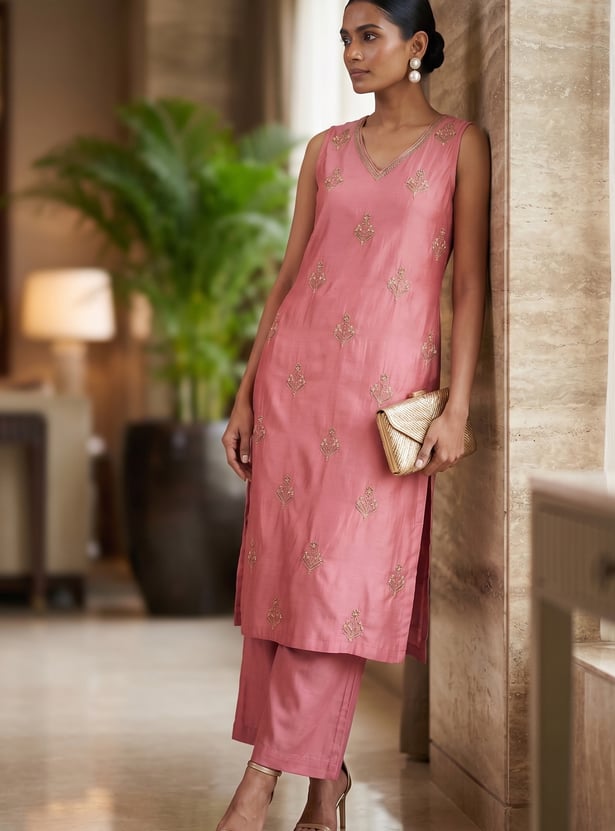 MELANGE Embroidered Straight Kurta Set